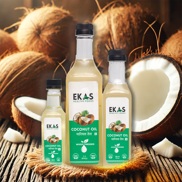 Ekas Healthy Foods Wood-Pressed Coconut Oil bottles